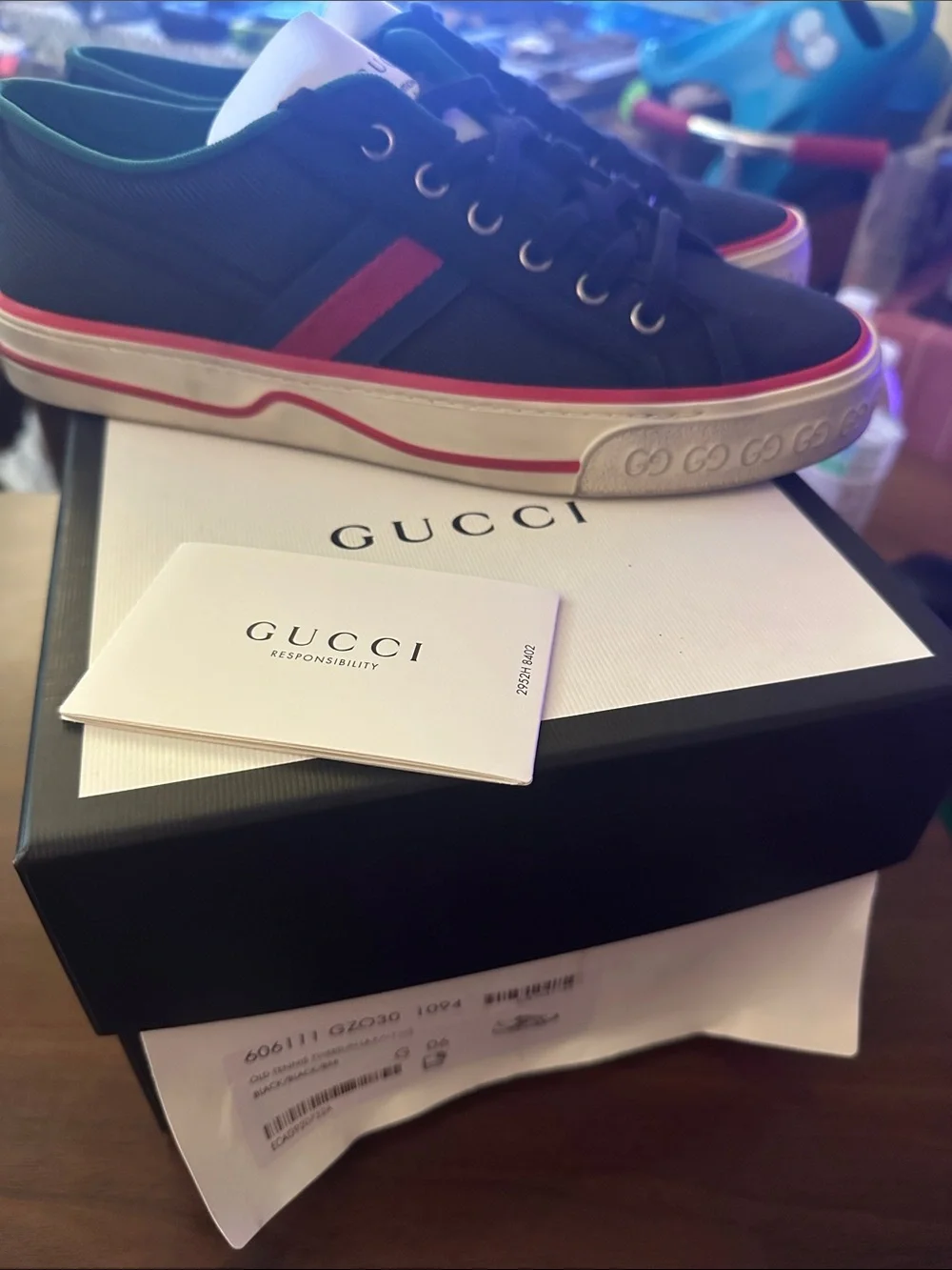 Gucci Black Canvas Low-Top Sneakers with Red Trim and Green Lining